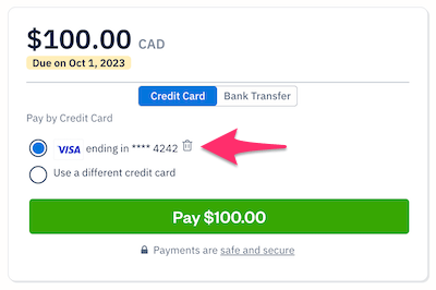 Trash can icon next to saved credit card.