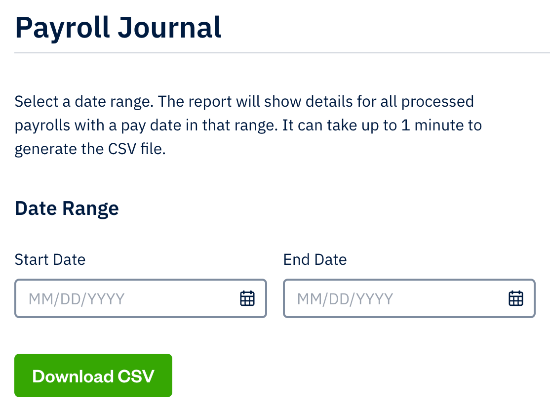 Payroll journal report with fields for date range and button to download as a csv.