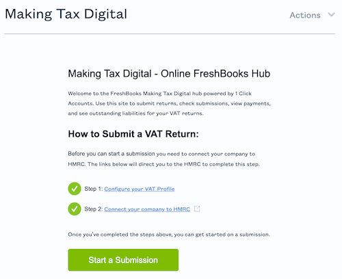 Making tax digital hub setup with two green checkmarks next to links.