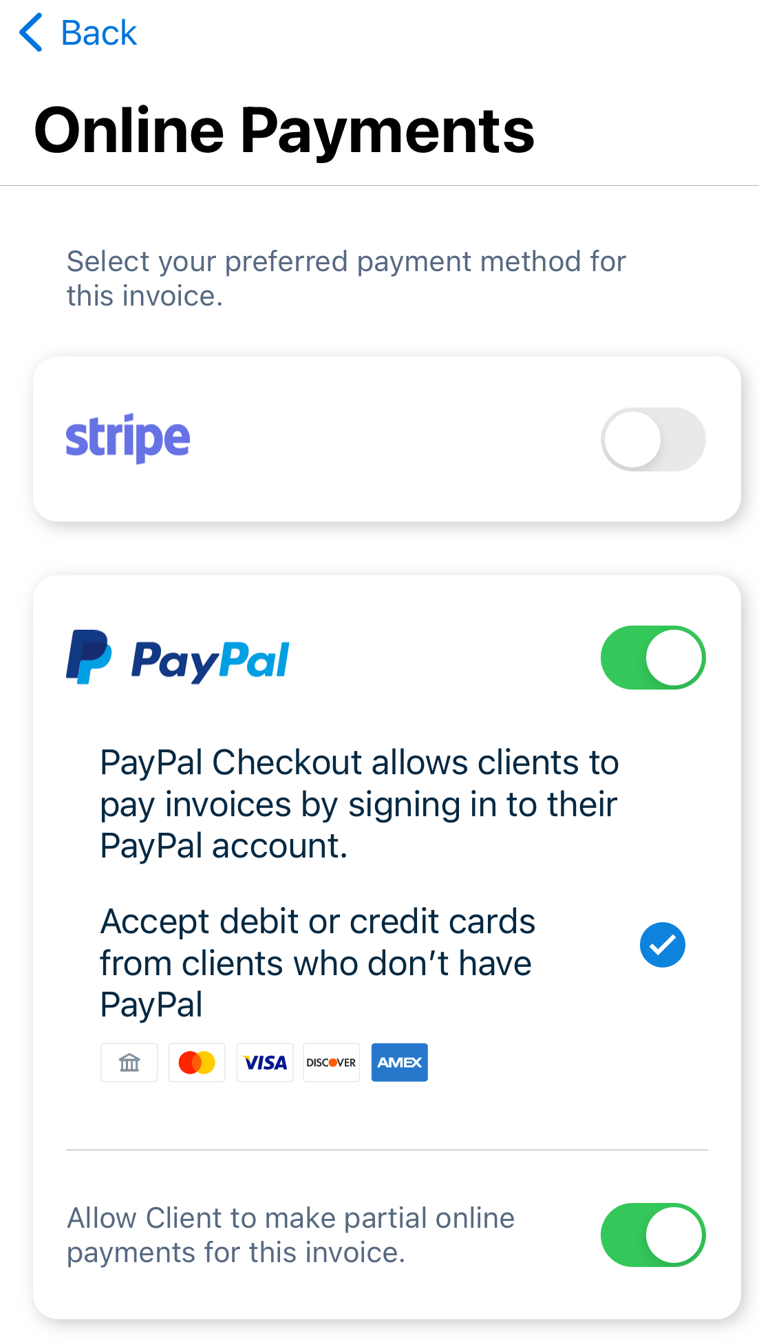 PayPal enabled with option to accept debit or credit card also enabled.