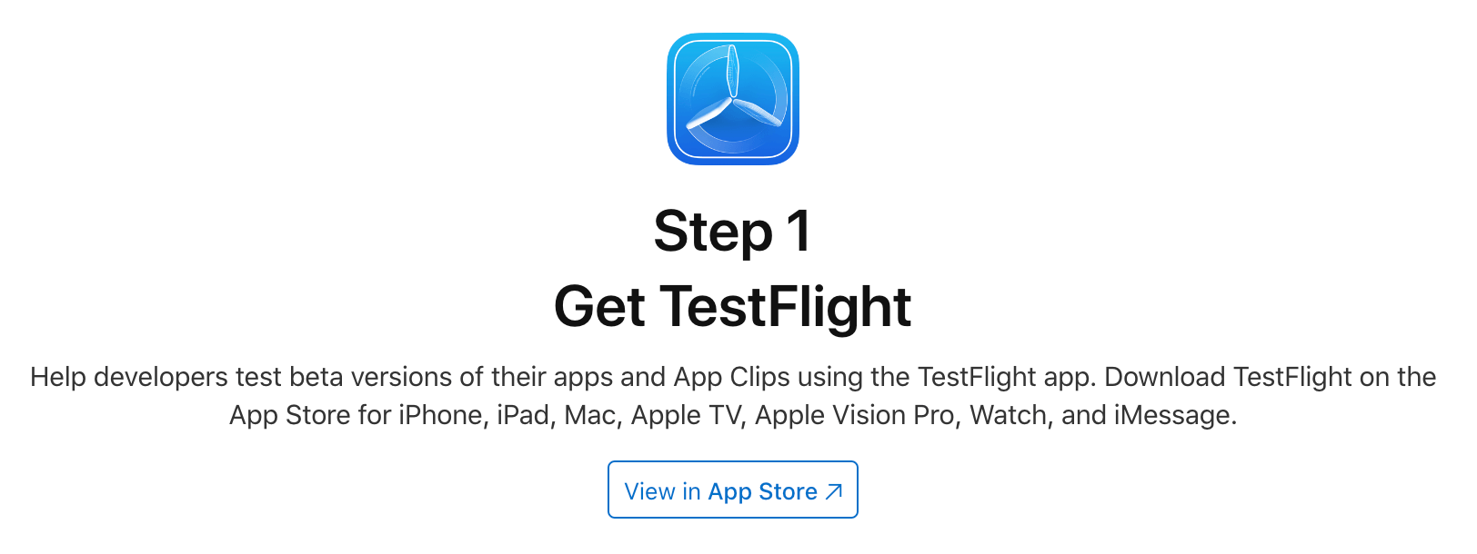 View in app store button for Testflight app.