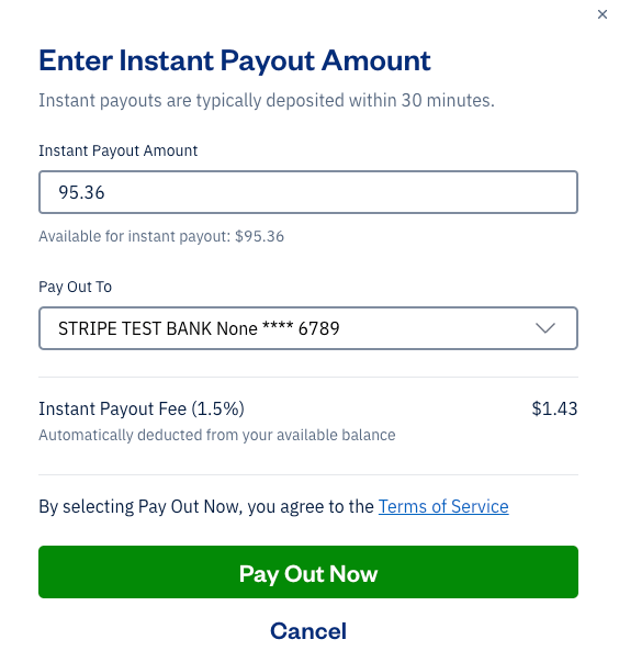 Instant payout pop-up with field to enter total in.