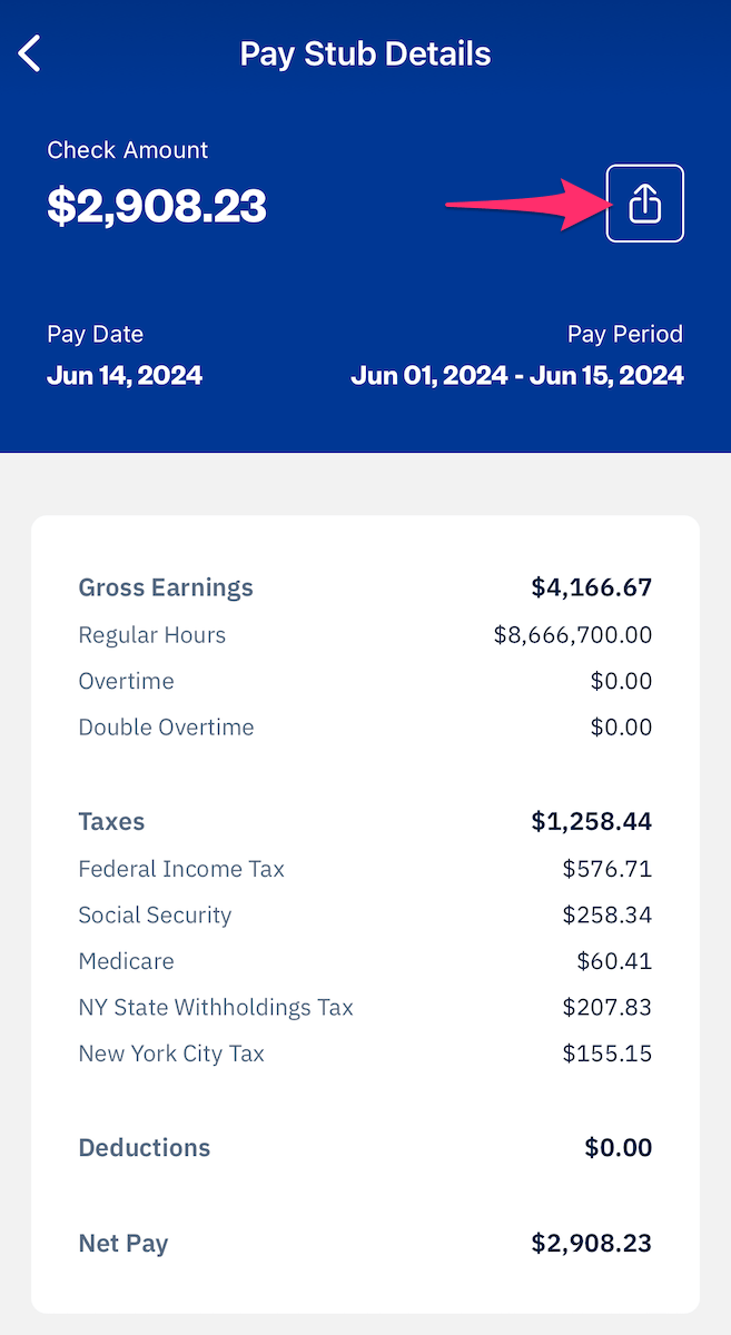 Share button above pay stub details.