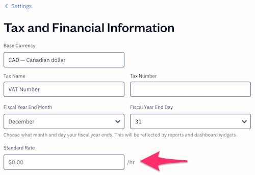 Tax and Financial information showing field for Standard Rate to be filled out.