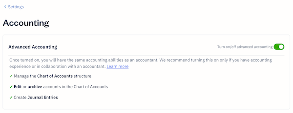 Toggle enabled next to Advanced Accounting.