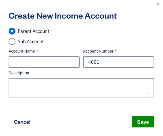 Add new account with fields to fill out.