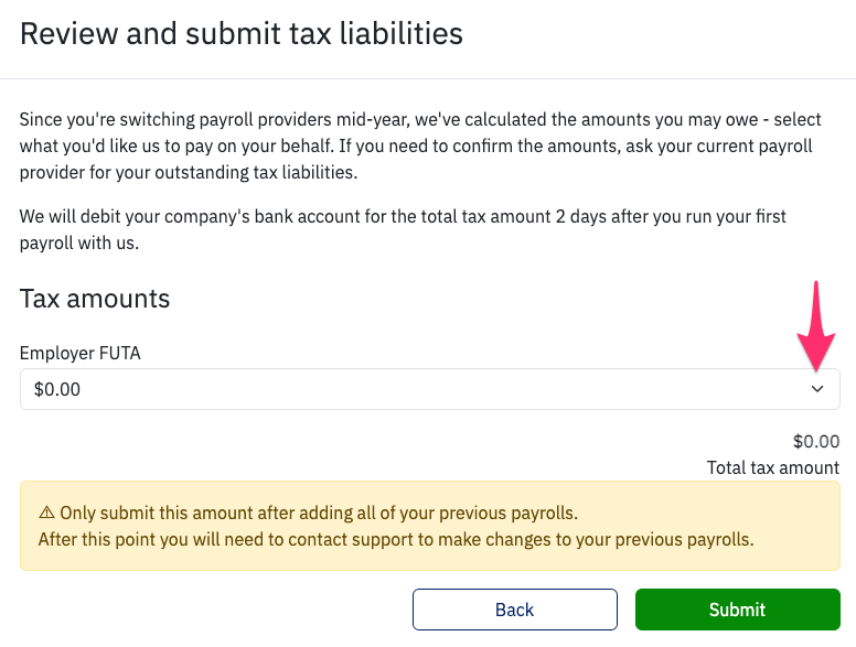 Tax amounts with a dropdown to select.