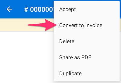 Convert to invoice option in list of estimate options.
