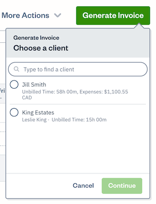 Choose a client dropdown with clients to select.