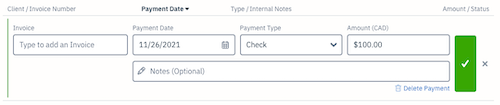 Payment with fields filled out that can be edited, including a delete link.