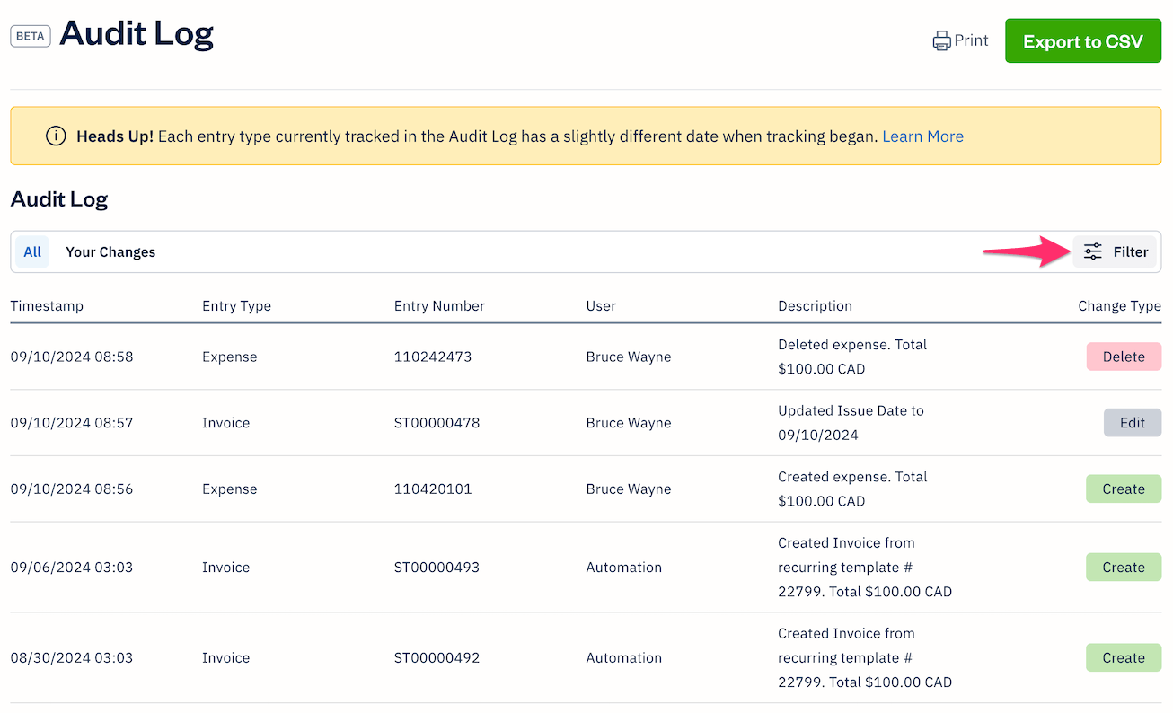 Audit log report with filter button highlighted.