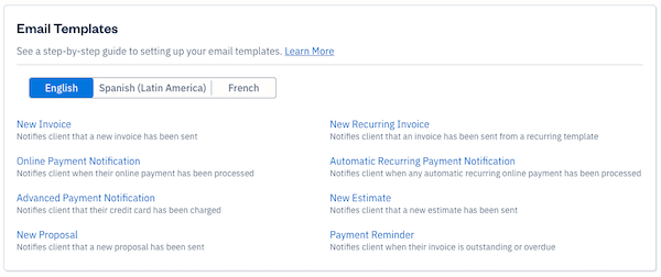 Email templates with links to edit each email type.