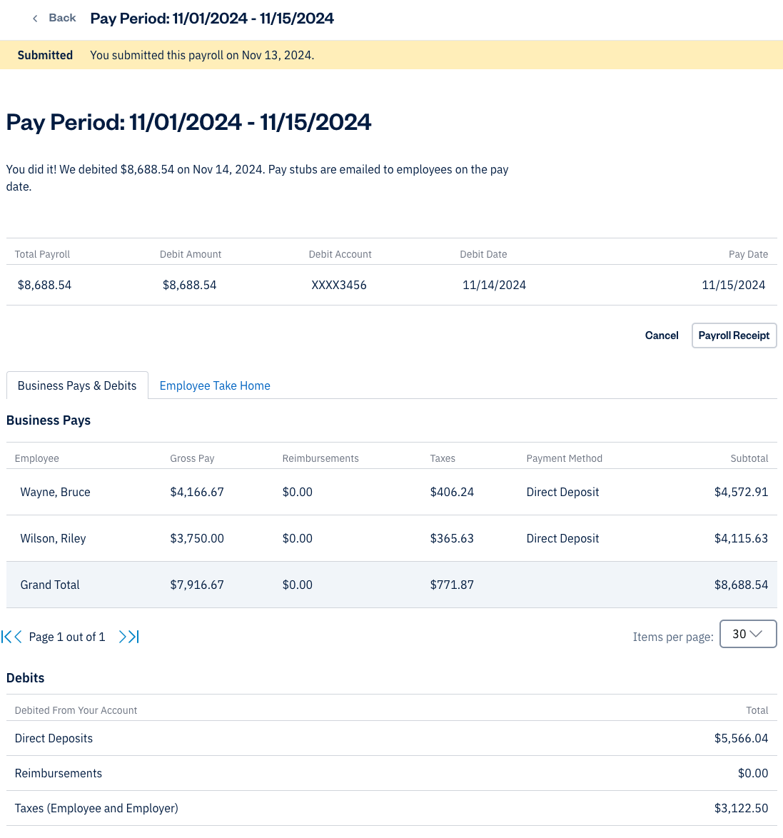 Pay period of the payroll with a summary of all payroll information displayed.