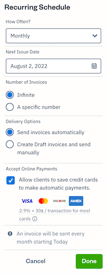 Recurring schedule settings with options.