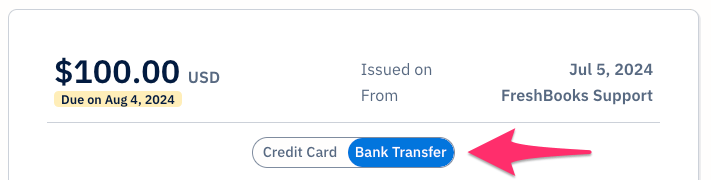 Invoice with credit card and bank transfer tabs.