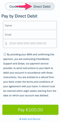 Direct debit tab on payment form of invoice.