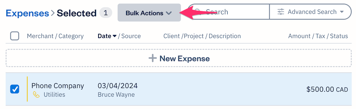 Bulk actions button above list of expenses with one expense checked off.
