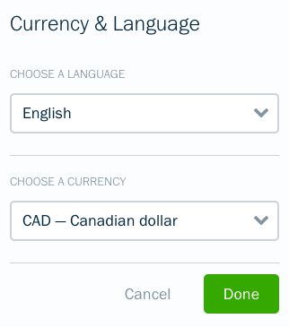 Client Settings showing dropdown for currency and language.