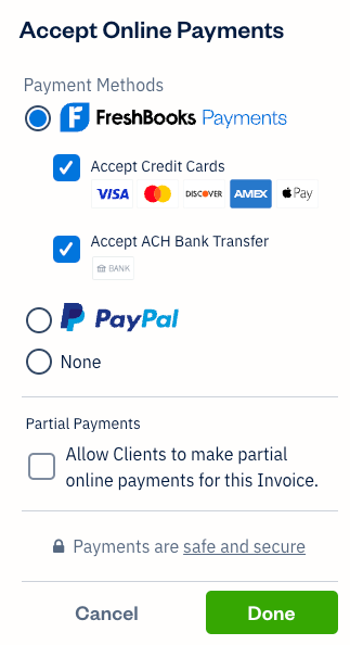 Checkboxes next to Accept Credit Cards and Accept ACH Bank Transfers on invoice.
